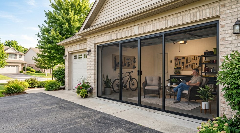 Man relaxing in a garage converted to a patio space with sliding screen doors, seating, and tool storage at home