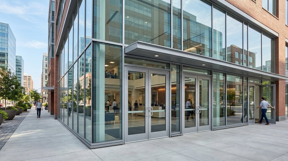 Modern commercial building entrance with glass and aluminum doors on a city sidewalk